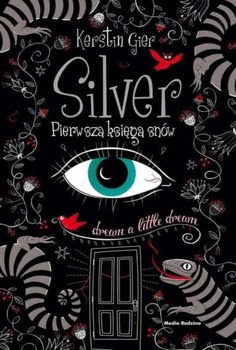 Silver Kerstin Gier - okładka książki w czarnym kolorze ze srebrnymi i czerwonymi akcentami. Przedstawia wiele ilustracji, oko i drzwi w centralnym punkcie - ilustracja do recenzji powieści fantasy dla młodzieży