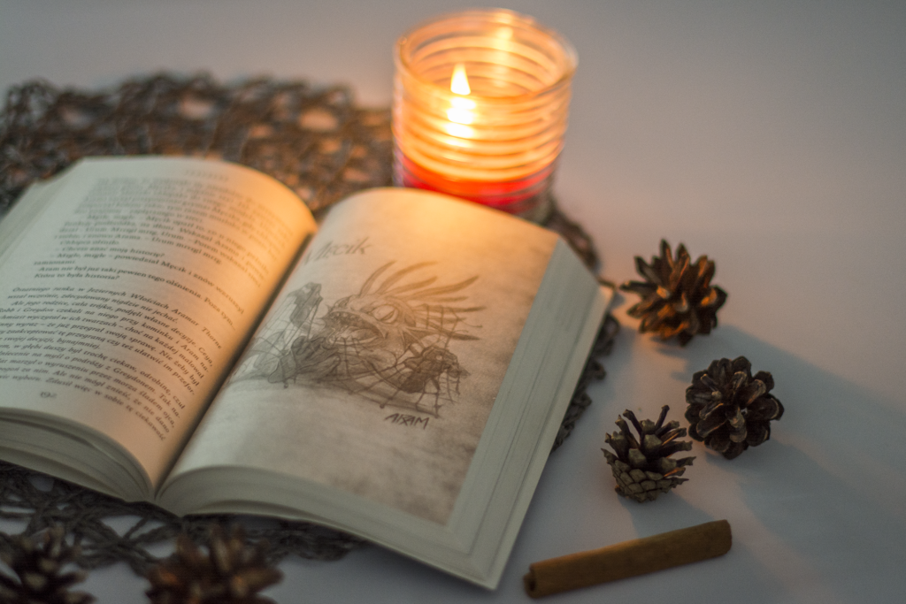 World of Warcraft. Traveller. Wędrowiec Greg Weisman - książka  leży otwarta na blacie w otoczeniu świeczki, szyszek i lasek cynamonu. Na kartach książki ulustrracja przedstawiająca murlocka - ilustracja do recenzji książki fantasy dla młodzieży