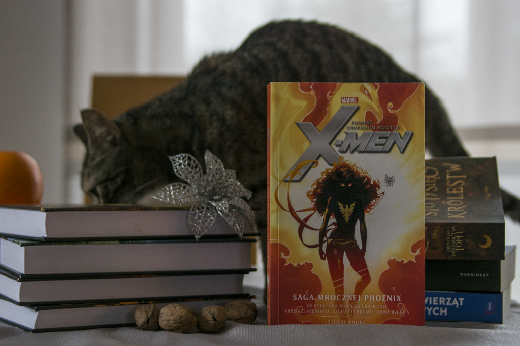Saga Mrocznej Phoenix - książka stoi na stole, w tle książki i bury kot - recenzja książki Mavela