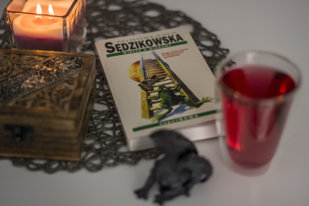 Gandziolatki. Wizyta u wiedźmy Mirosława Sędzikowska - książka lezy na blacie w otoczeniu ozdób - ilustracja do recenzji