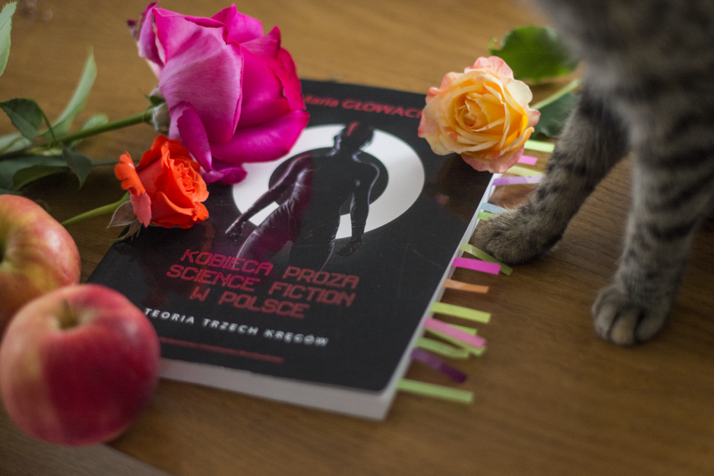 Kobieca proza science fiction w Polsce. Teoria trzech kręgów - książka leży na blacie wśród ozdób. Widać nogi kotka