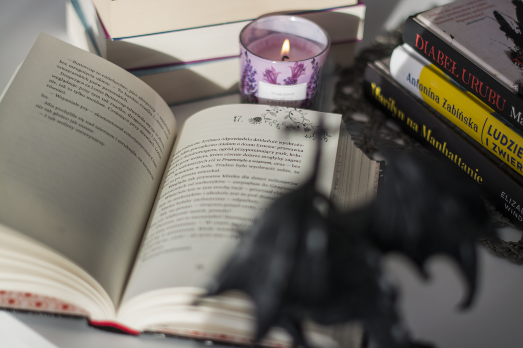 Silver Kerstin Gier - otwarta książka leży na blacie w otoczeniu książek, świeczki i fiugrki smoka - ilustracja do recenzji powieści fantasy dla młodzieży