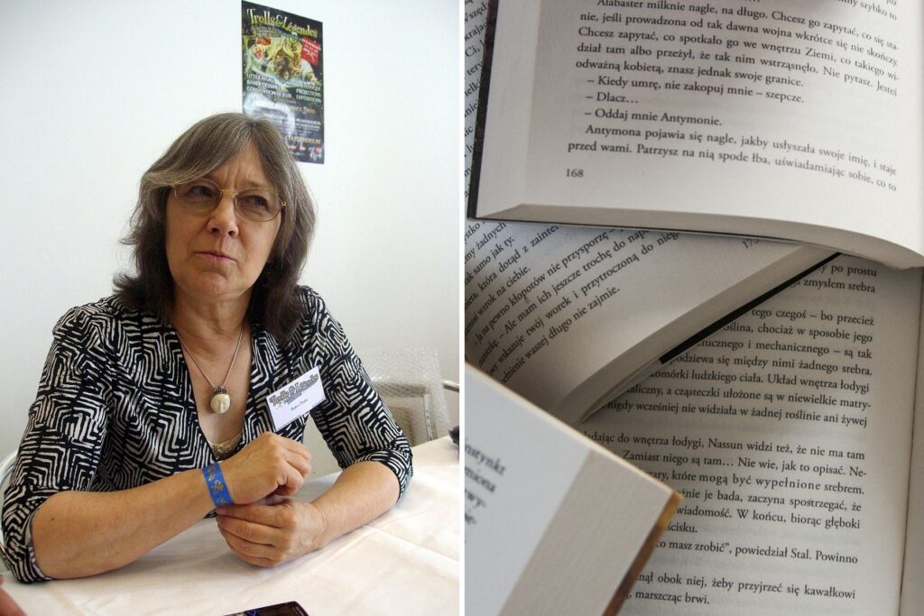 Vesper wyda Robin Hobb; autorka po lewej, książki otwarte po prawej