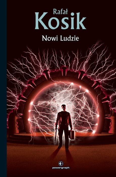 Nowi Ludzie Rafała Kosika - okładka przedstawia strukturę z błyskawicami, przed nią człowiek z walizką