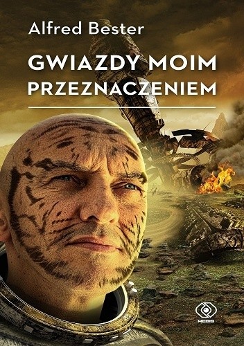 Gwiazdy moim przeznaczeniem - okładka przedstawiająca człowieka-tygrysa, w tle szczątki promu kosmicznego