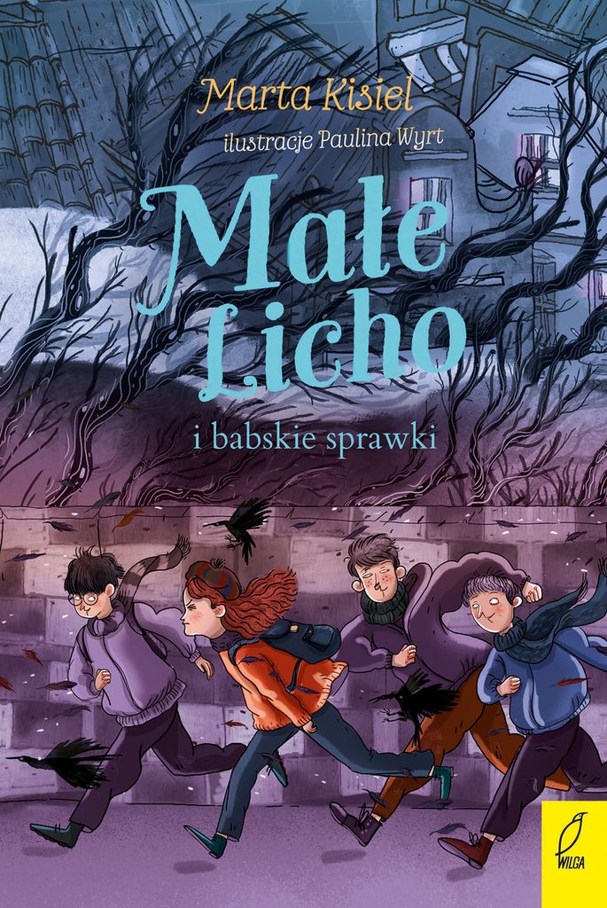 Małe Licho i babskie sprawki - okładka ksiązki, na ilustracji czwórka biegnącuch dzieci, w tym rudowłosa dziewczynka