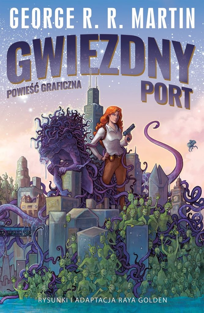 Gwiezdny Port okładka przedstawia Chicago, potwora oraz postać z bronią